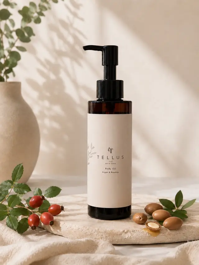 Amber Tellus Body Oil pump bottle on a stone slab with rosehips and cracked argan nuts beside it.