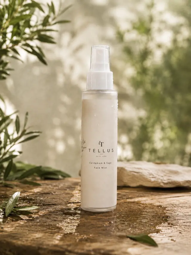 Frosted Tellus Cardamom & Sage Face Mist bottle beaded with water on wet stone, greenery behind.