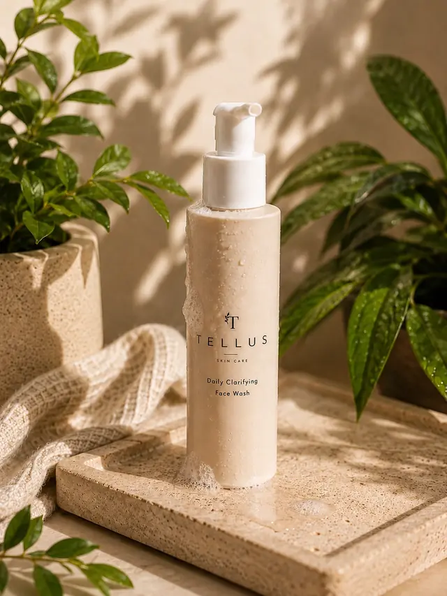 Tellus Daily Clarifying Face Wash bottle, wet with lather, on a travertine tile between green plants.