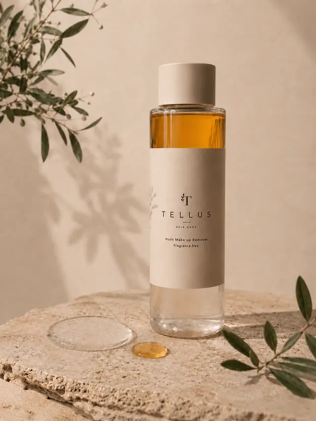 Tellus Hush Make-up Remover bottle showing its separated amber oil and clear water phases.