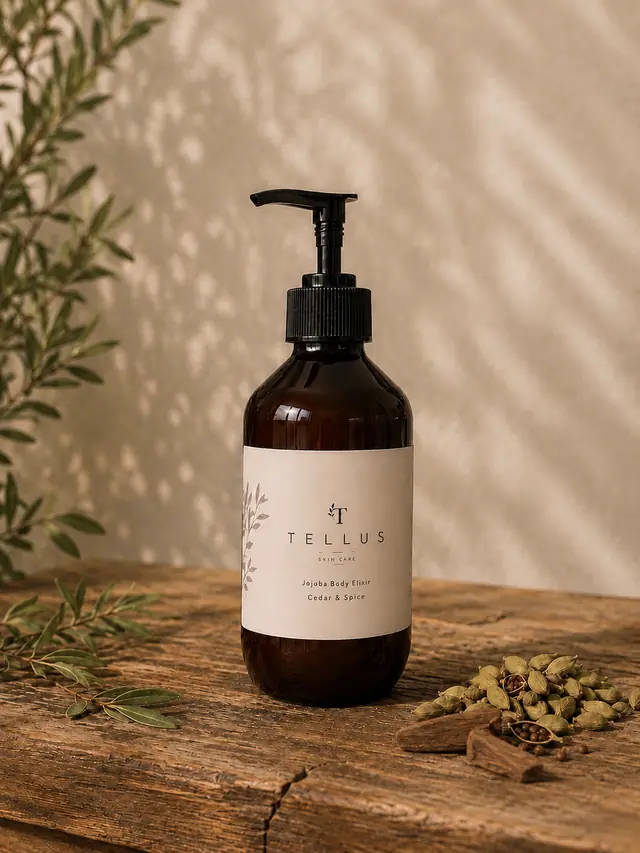 Amber Tellus Jojoba Body Elixir pump bottle on weathered wood with cardamom pods and olive sprigs.
