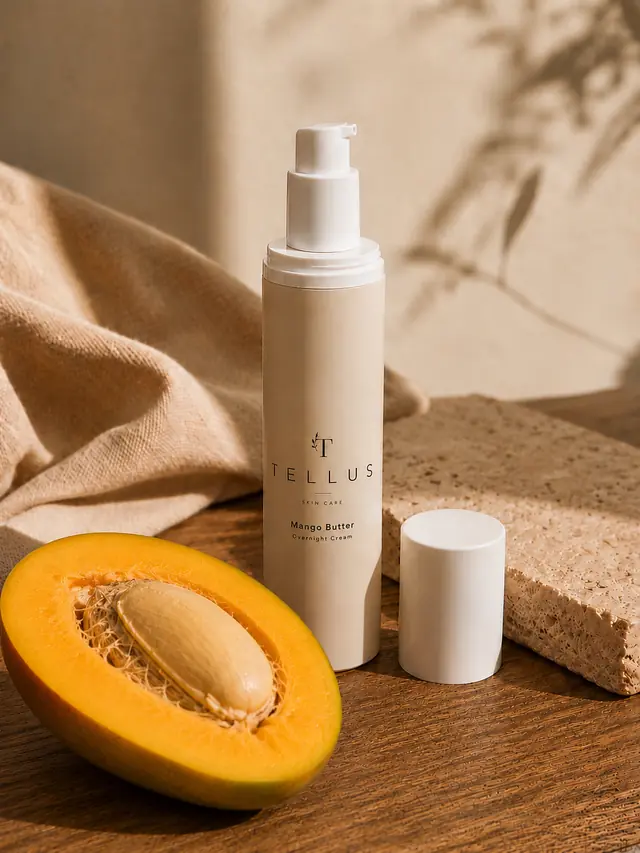 Tellus Mango Butter Overnight Cream pump bottle on dark wood beside a halved mango.
