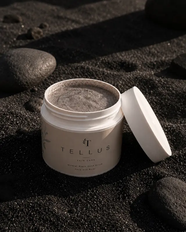 Open Tellus Mineral Black Sand Scrub jar sitting on black volcanic sand among dark pebbles.