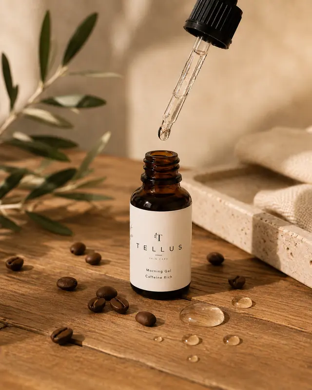 Amber Tellus Morning Gel dropper bottle on wood with a pipette above it and coffee beans scattered around.