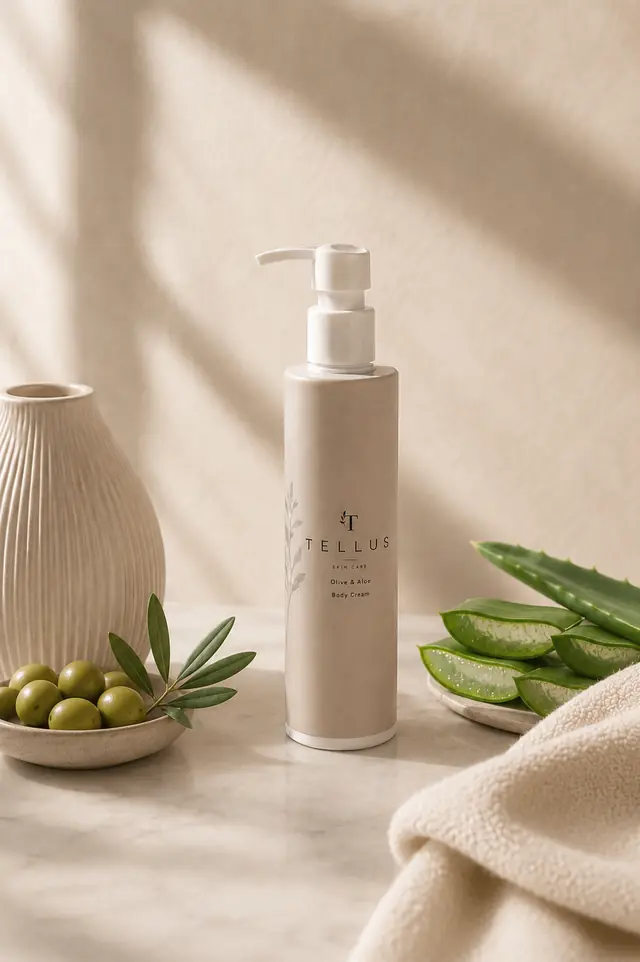 Tellus Olive & Aloe Body Cream bottle on marble between a bowl of olives and cut aloe leaves.
