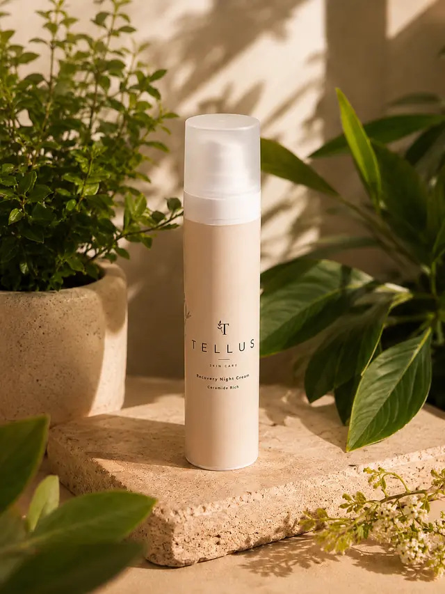 Tellus Recovery Night Cream airless pump bottle on travertine, surrounded by green foliage.