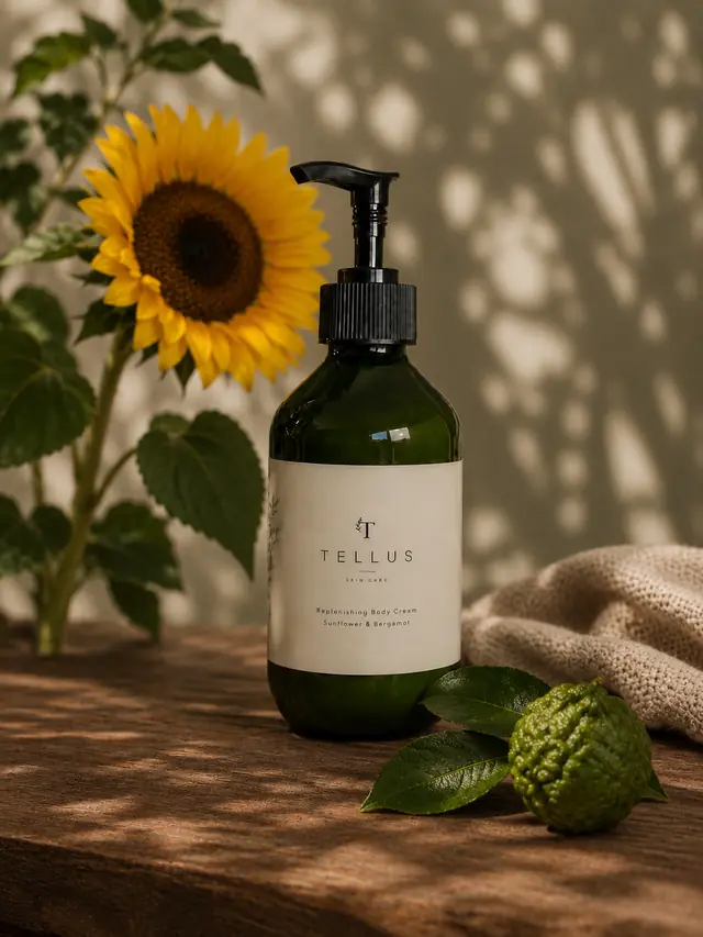 Green glass Tellus Replenishing Body Cream pump bottle on wood beside a sunflower and a bergamot fruit.