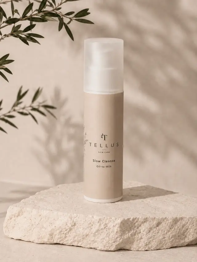 Tellus Slow Cleanse Oil-to-Milk bottle on a pale stone slab, olive branches behind it.