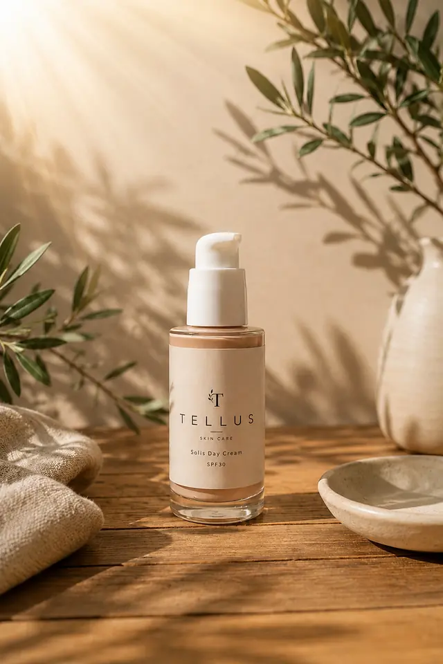 Tellus Solis Day Cream SPF30 glass pump bottle on a wooden table in warm sunlight with olive branches.