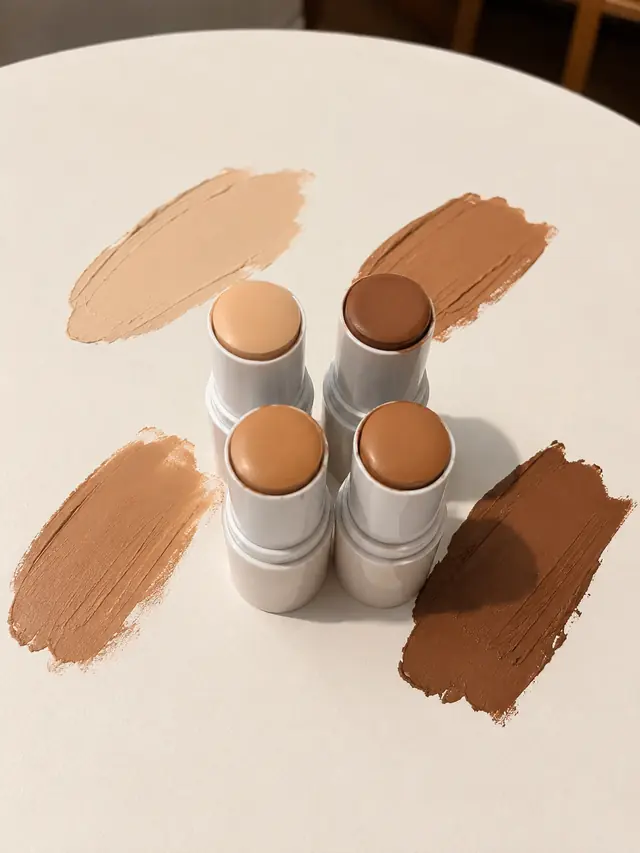 Four Tellus Solis Tone-Correcting Stick SPF30 shades standing together, each with a swatch of its cream behind it. This listing is shade 25 Medium.