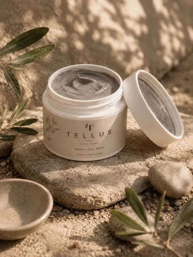 Open Tellus Weekly Clay Mask jar showing grey clay, resting on sunlit sandstone with olive leaves.